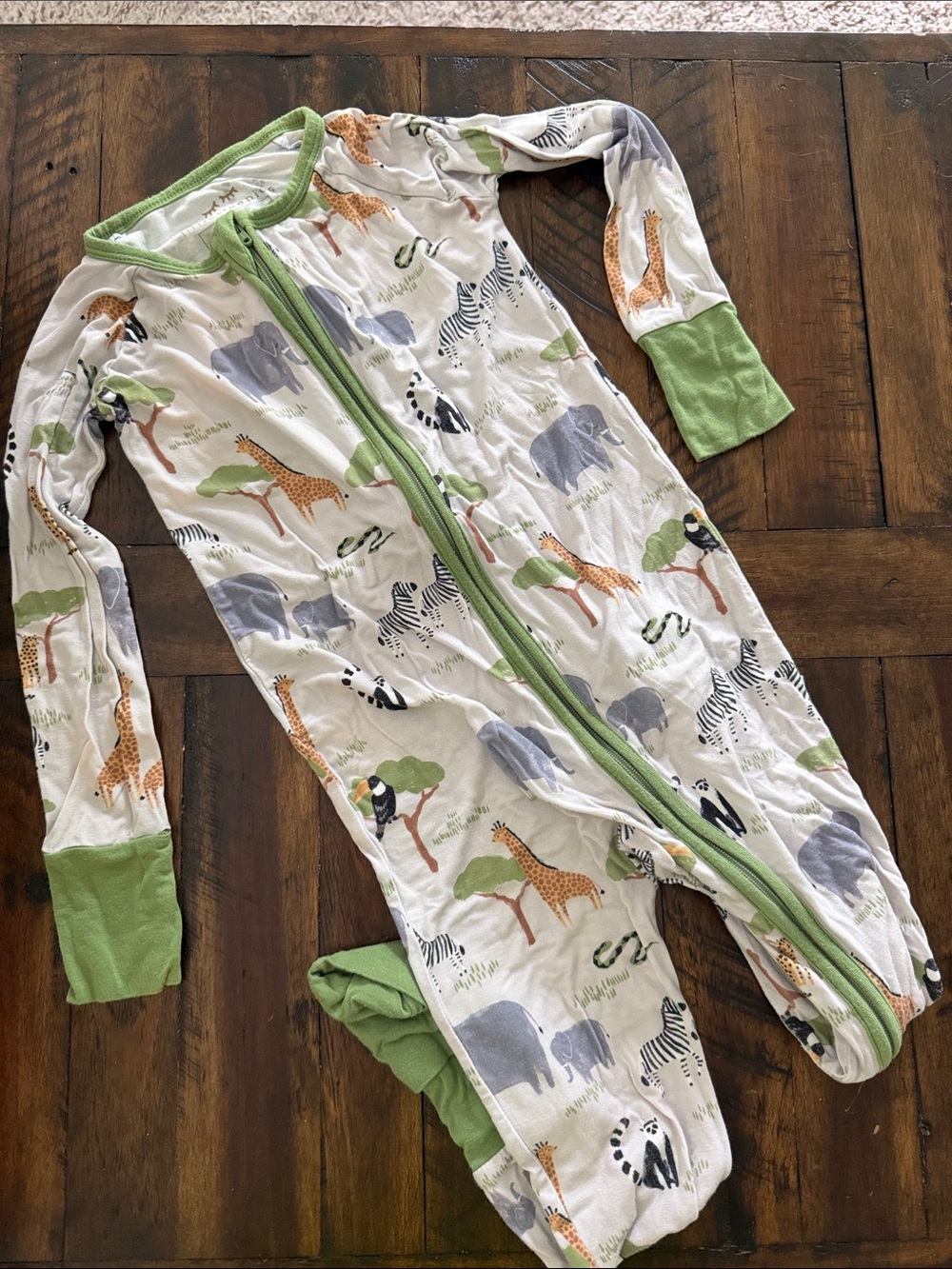 Little Sleepies White Safari Animal Zip One-Piece Pajamas with Green Trim